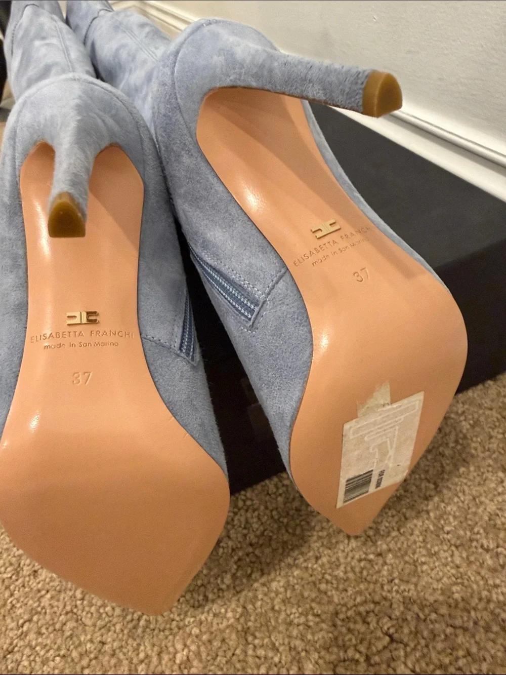 Elisabetta Franchi Ice Blue Stretch Suede Over The Knee Boots EU 37 NWT